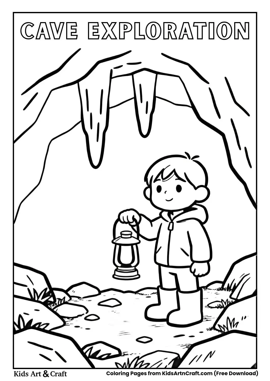 Child holding lantern inside cave outline drawing.