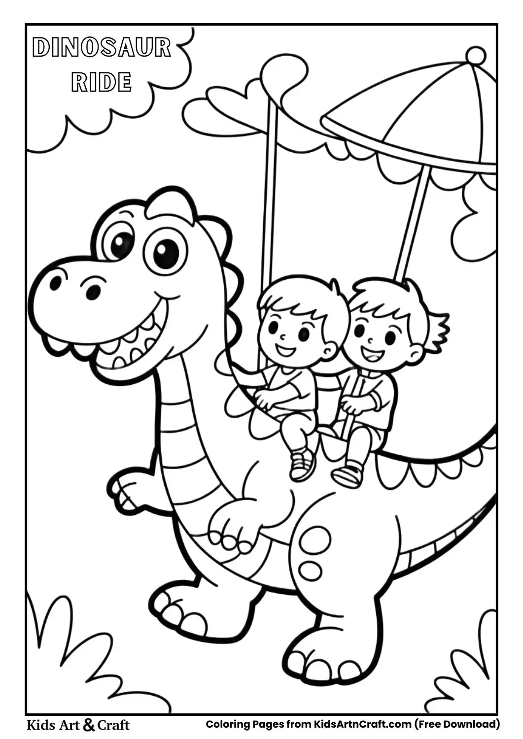 Kids riding a friendly dinosaur carnival ride coloring page