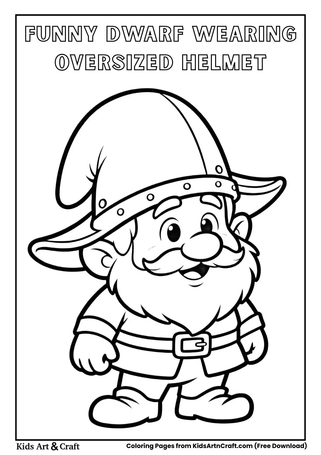 Cartoon dwarf wearing a helmet too big for his head coloring page