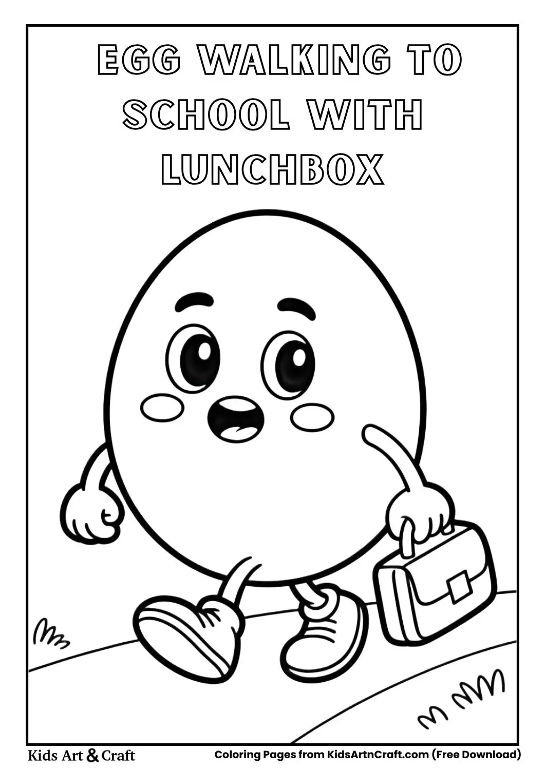 egg character carrying lunchbox and backpack walking to school coloring page