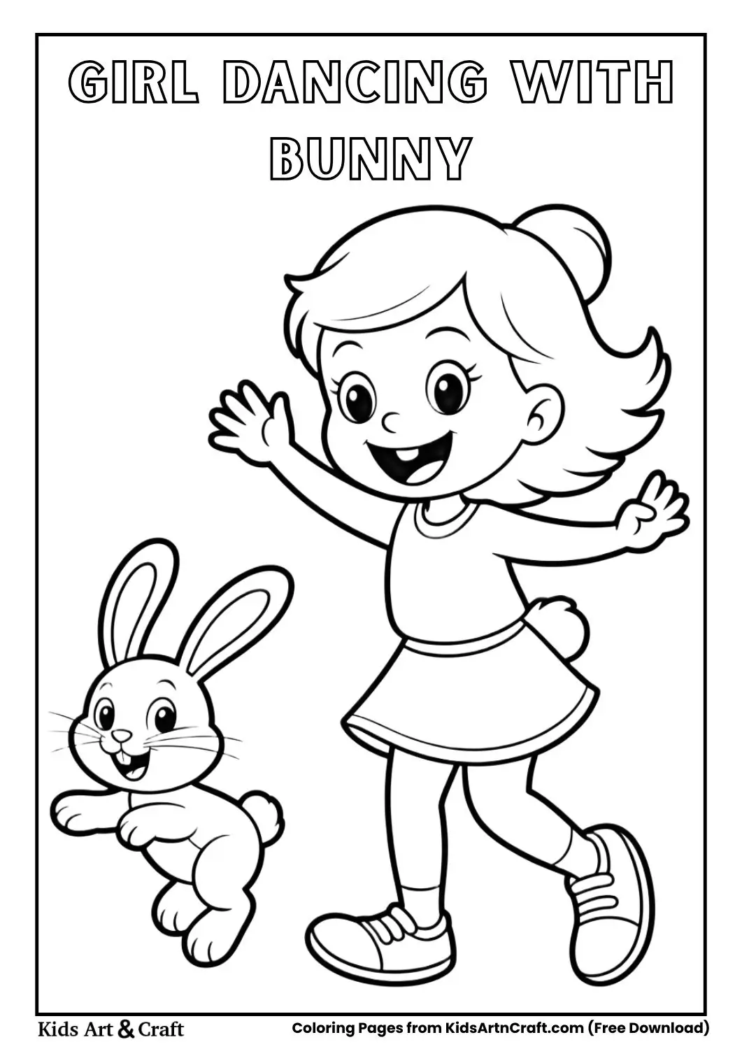 Girl dancing while bunny hops around coloring page