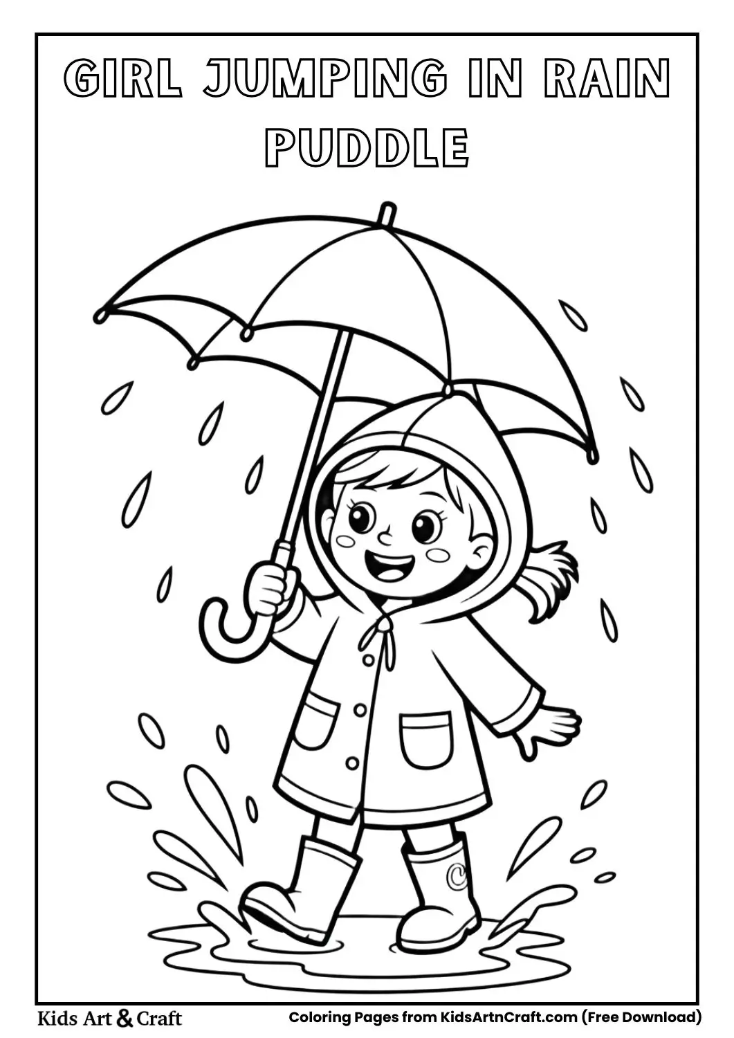 girl jumping in puddle raincoat coloring page
