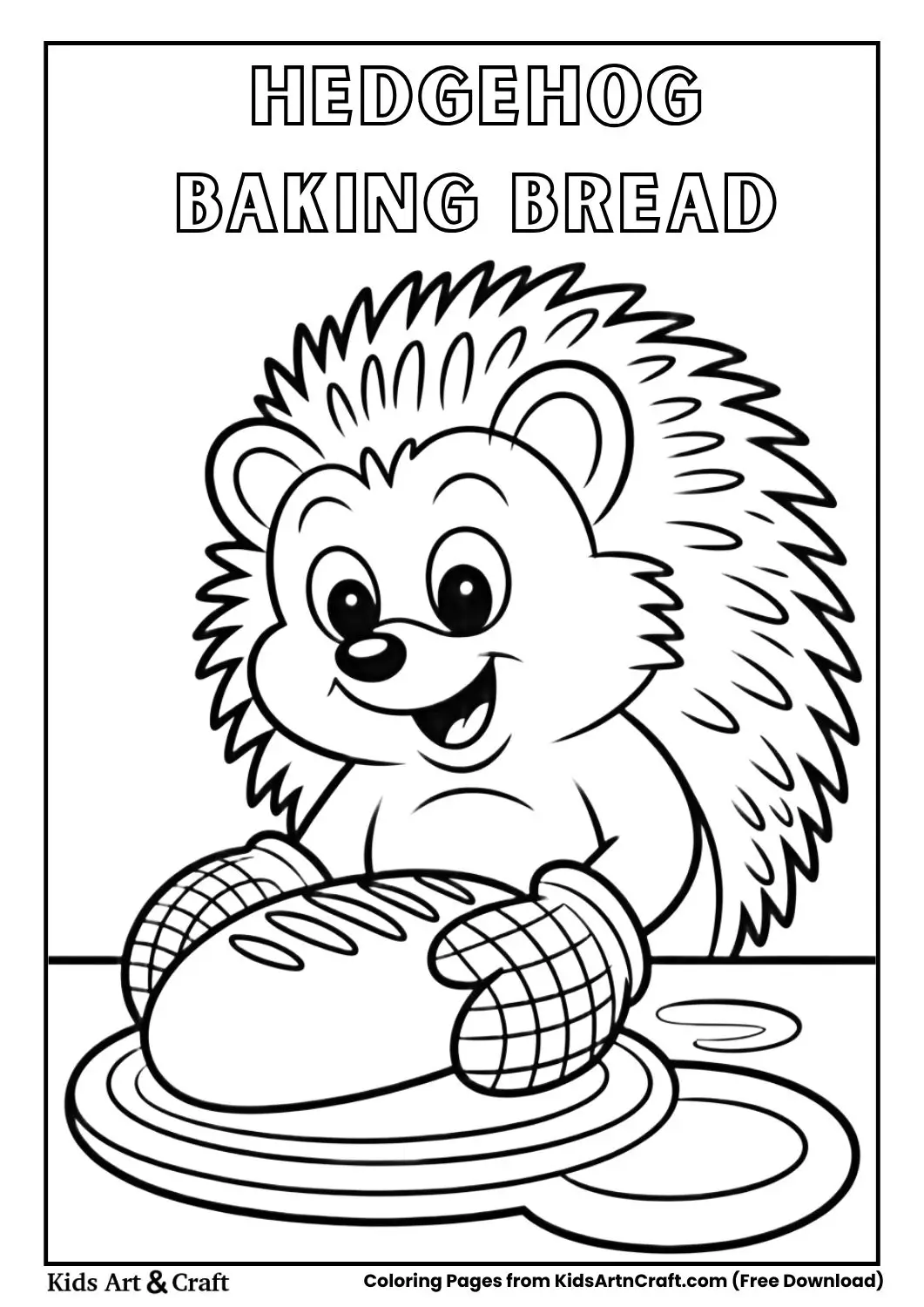 black and white coloring page of a hedgehog checking bread in an oven