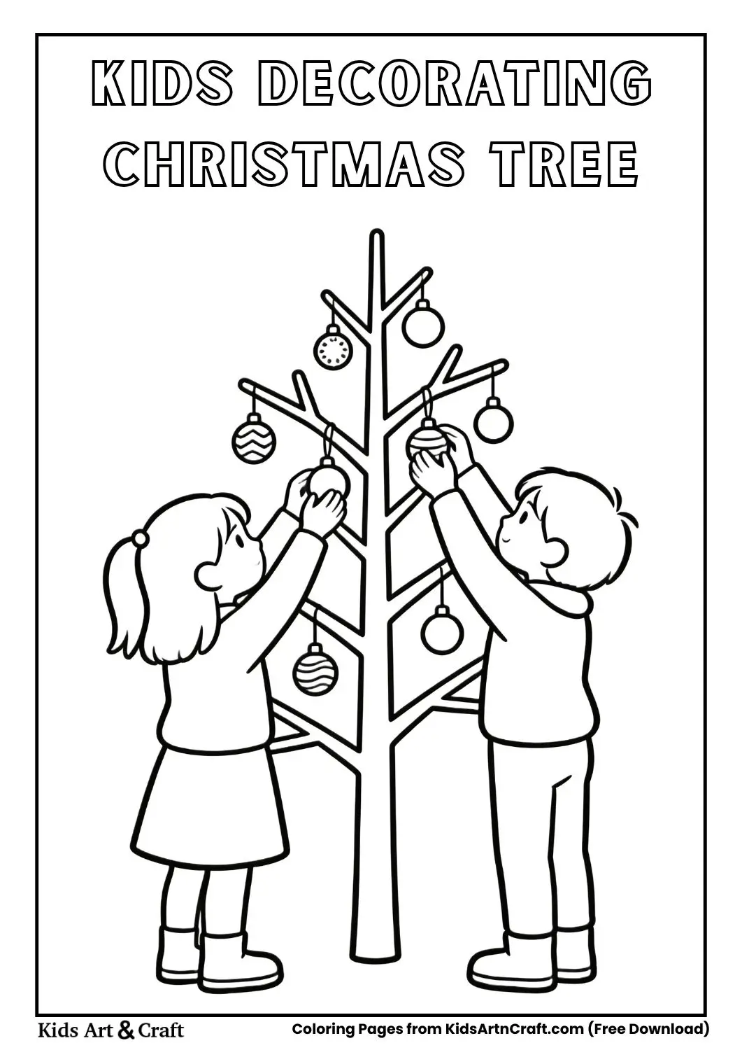 Children hanging ornaments on Christmas tree black and white