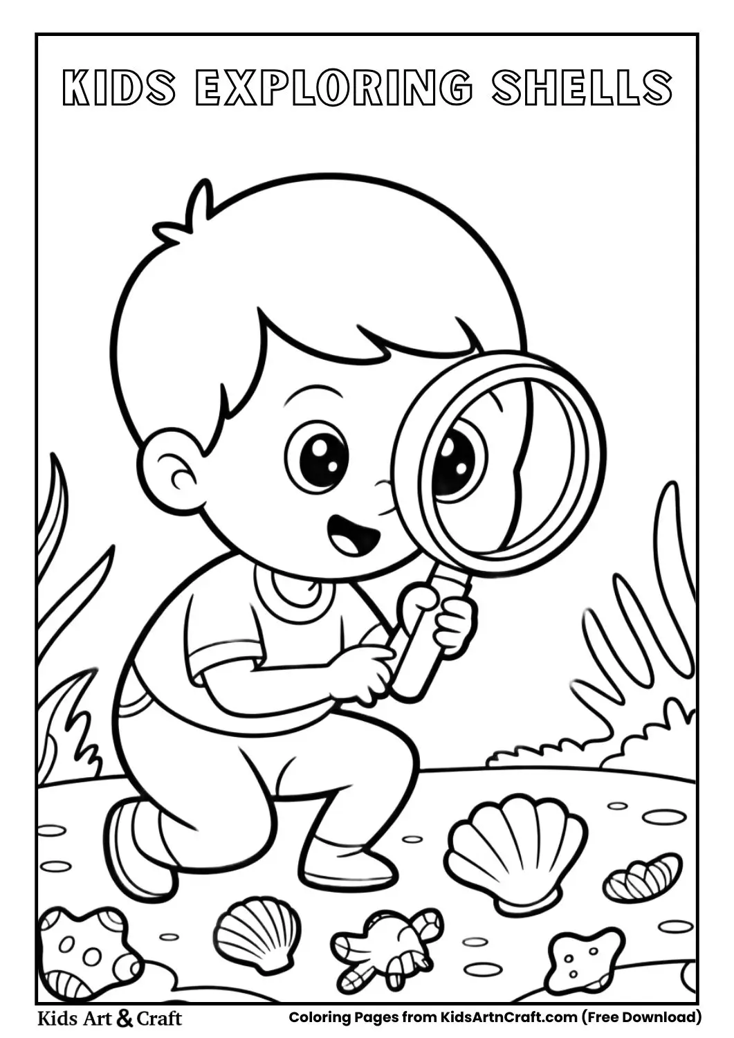 kids using magnifying glass to explore shells coloring page