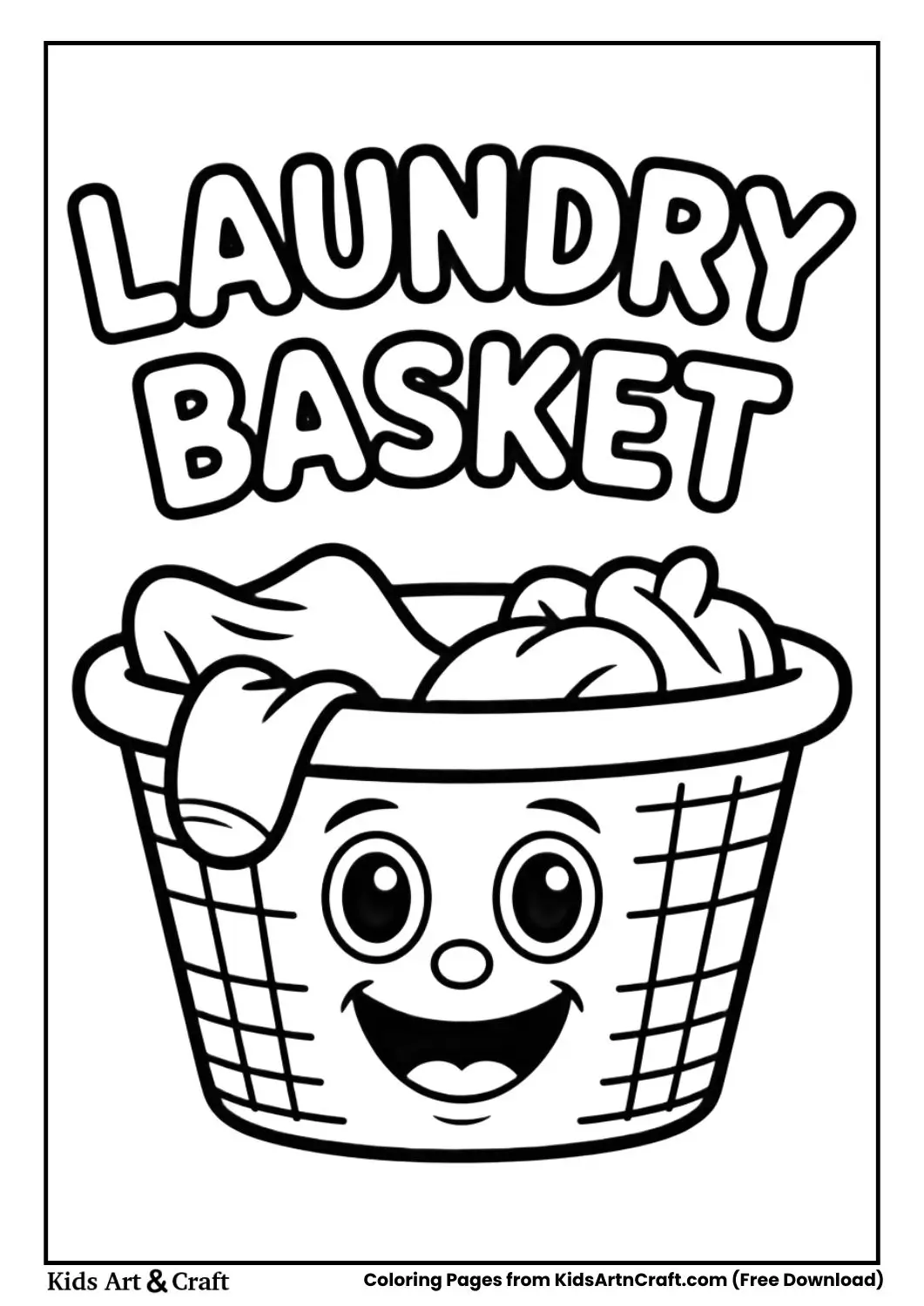 Cartoon laundry basket with clothes coloring page labeled laundry basket