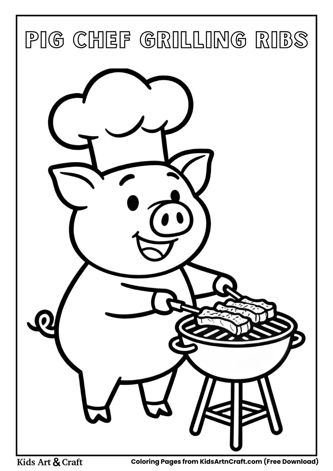 cartoon pig chef grilling ribs on barbecue coloring page