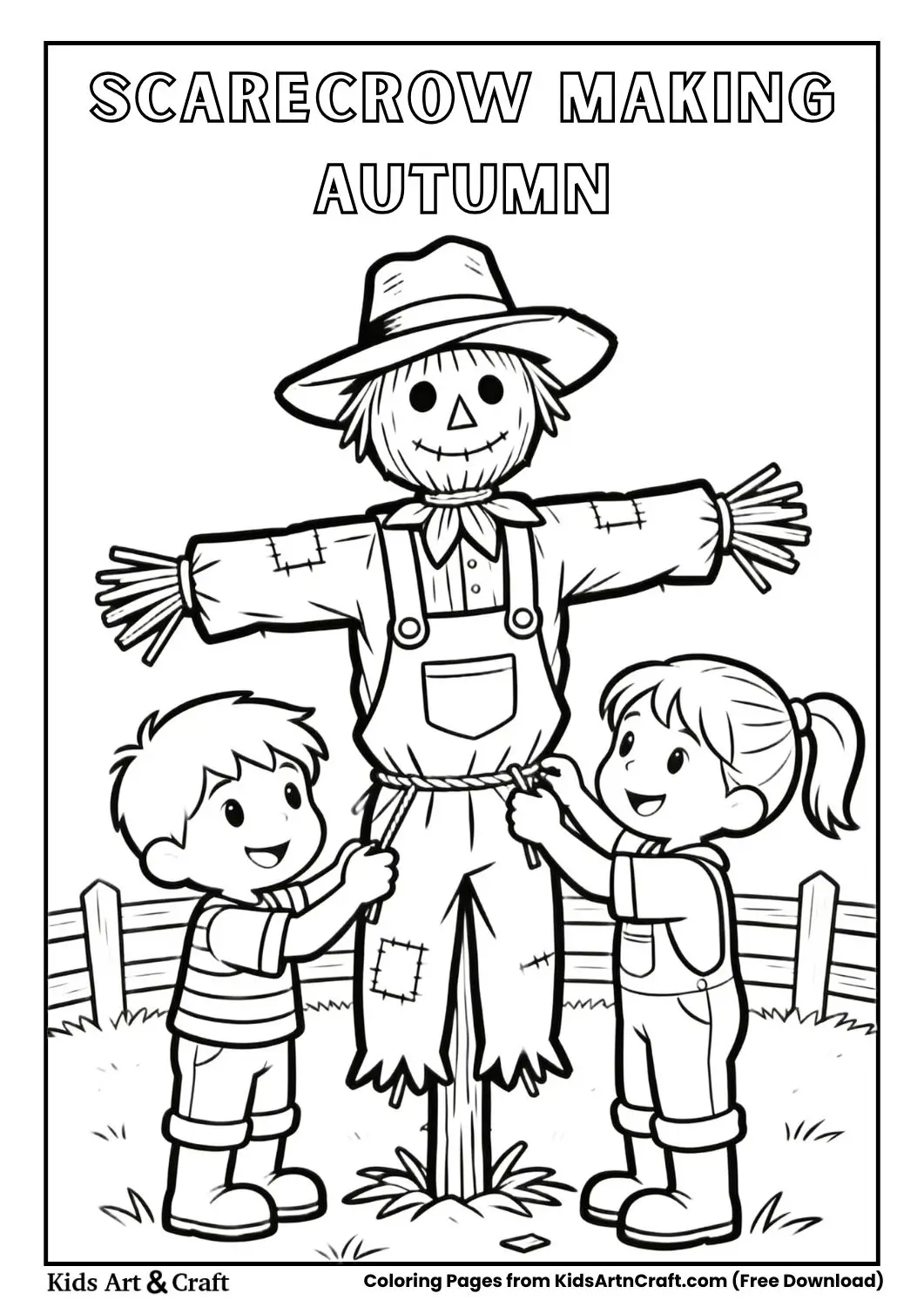 Kids building scarecrow line art