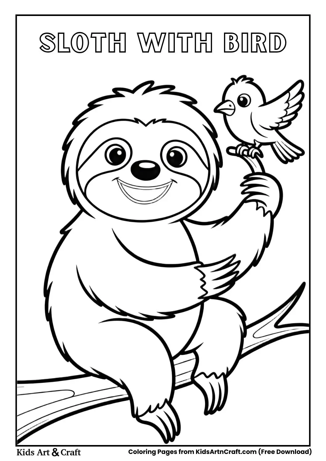 Sloth playing with a small bird on a branch