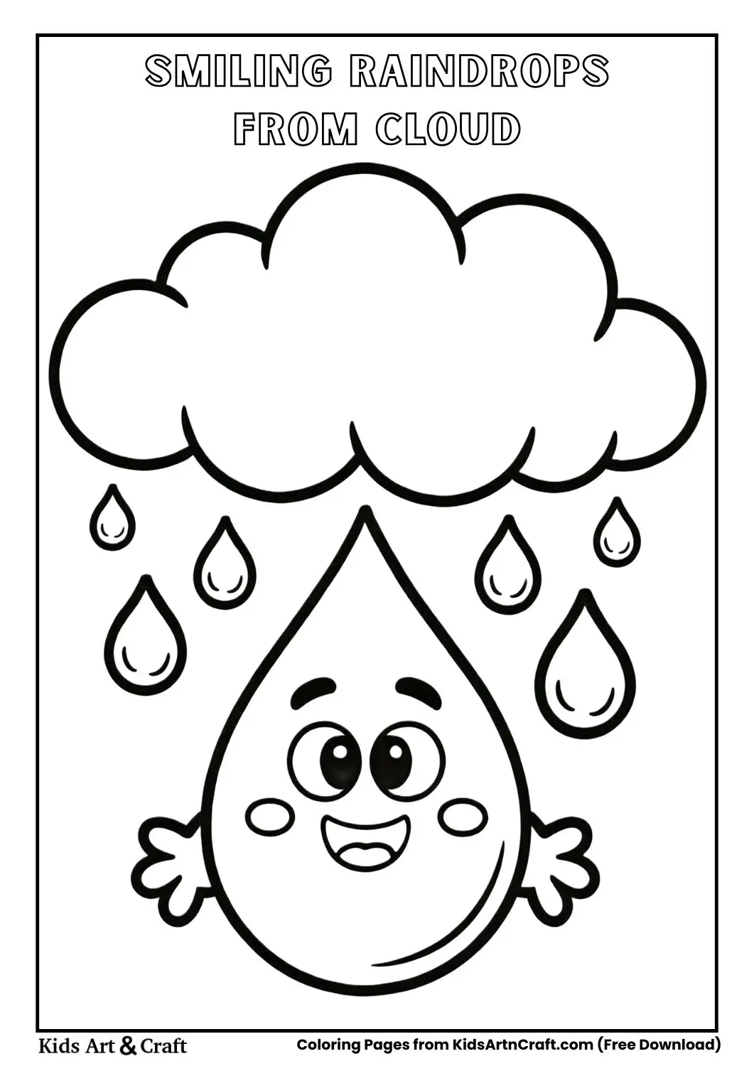 Cute frog sitting in a puddle during rain black and white coloring page.