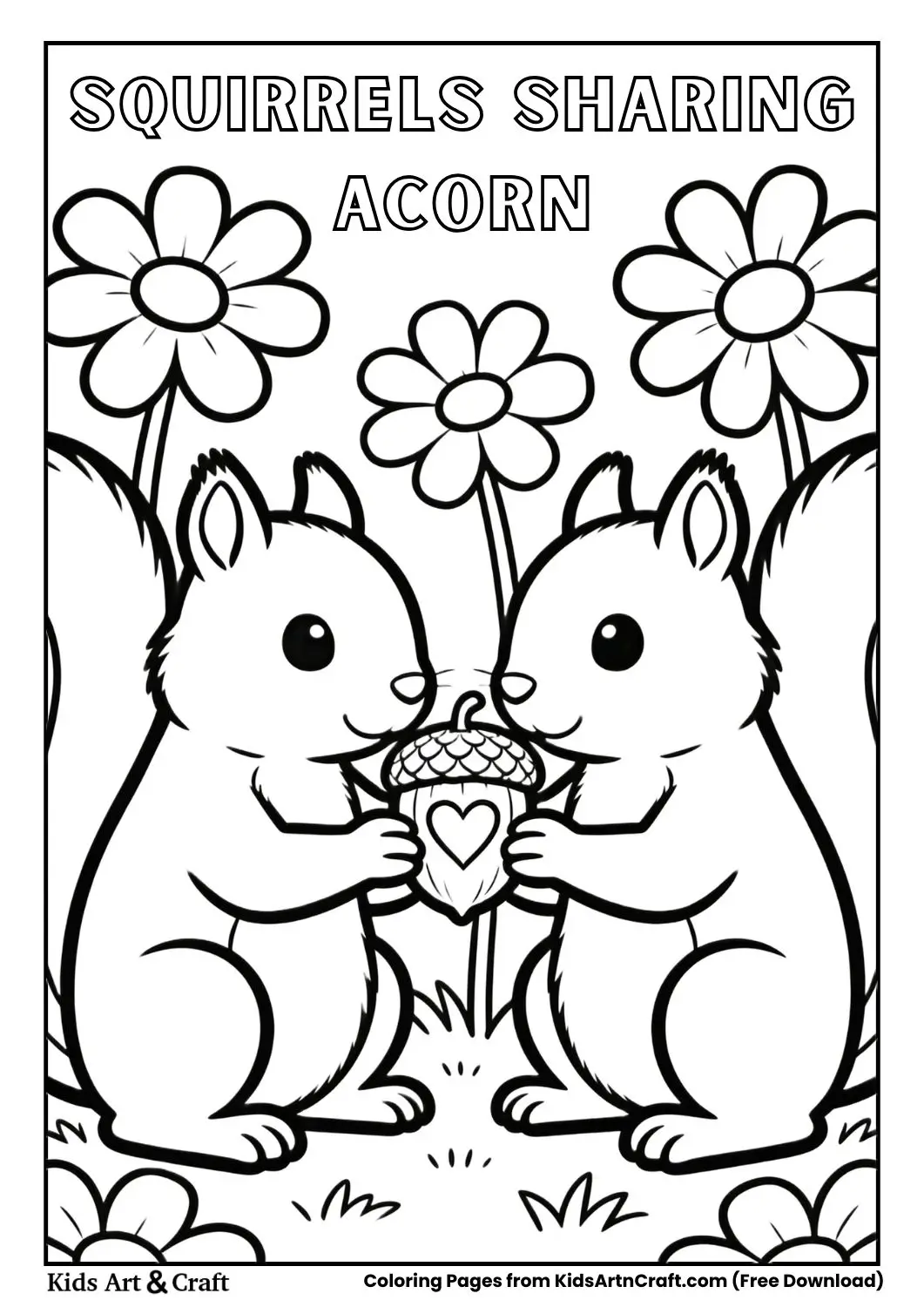 Two squirrels with heart carved acorn in garden