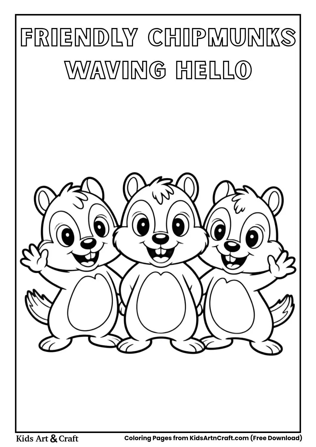 three cute cartoon chipmunks waving hello coloring page
