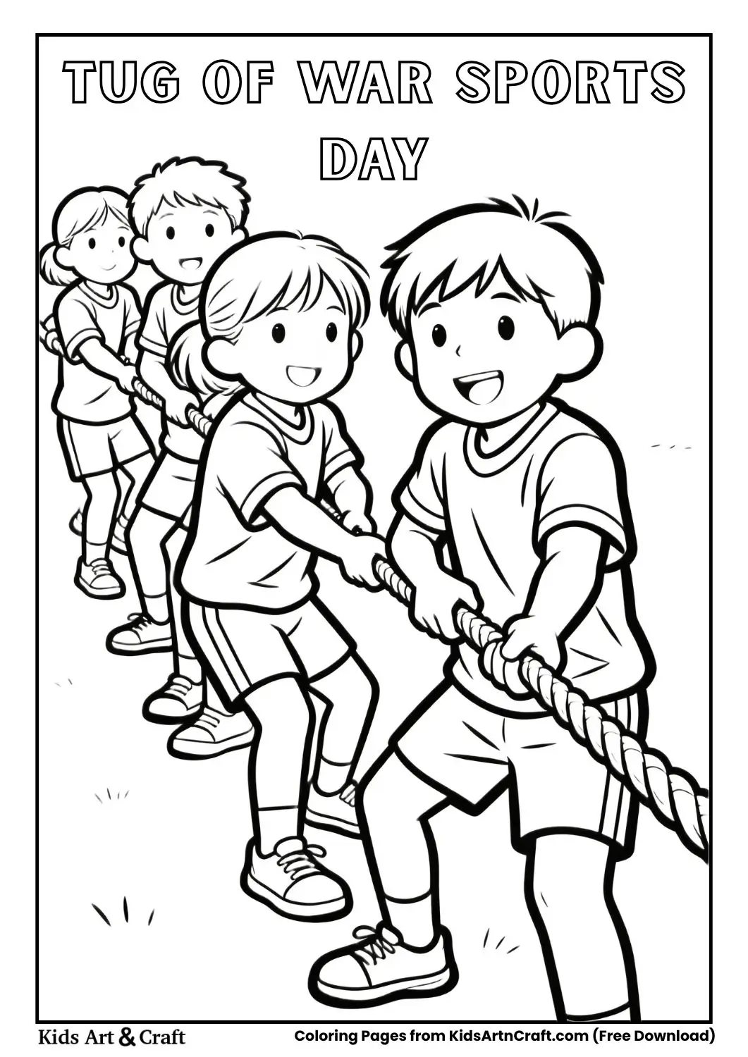 Two teams of children playing tug of war line drawing