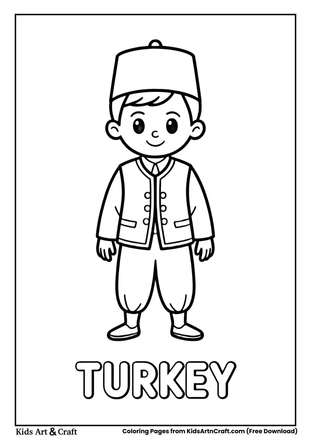 Child wearing Turkish traditional costume with fez hat coloring page with country name Turkey