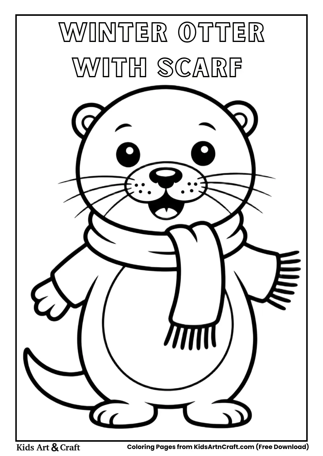 Cute otter wearing winter scarf simple outline coloring page.