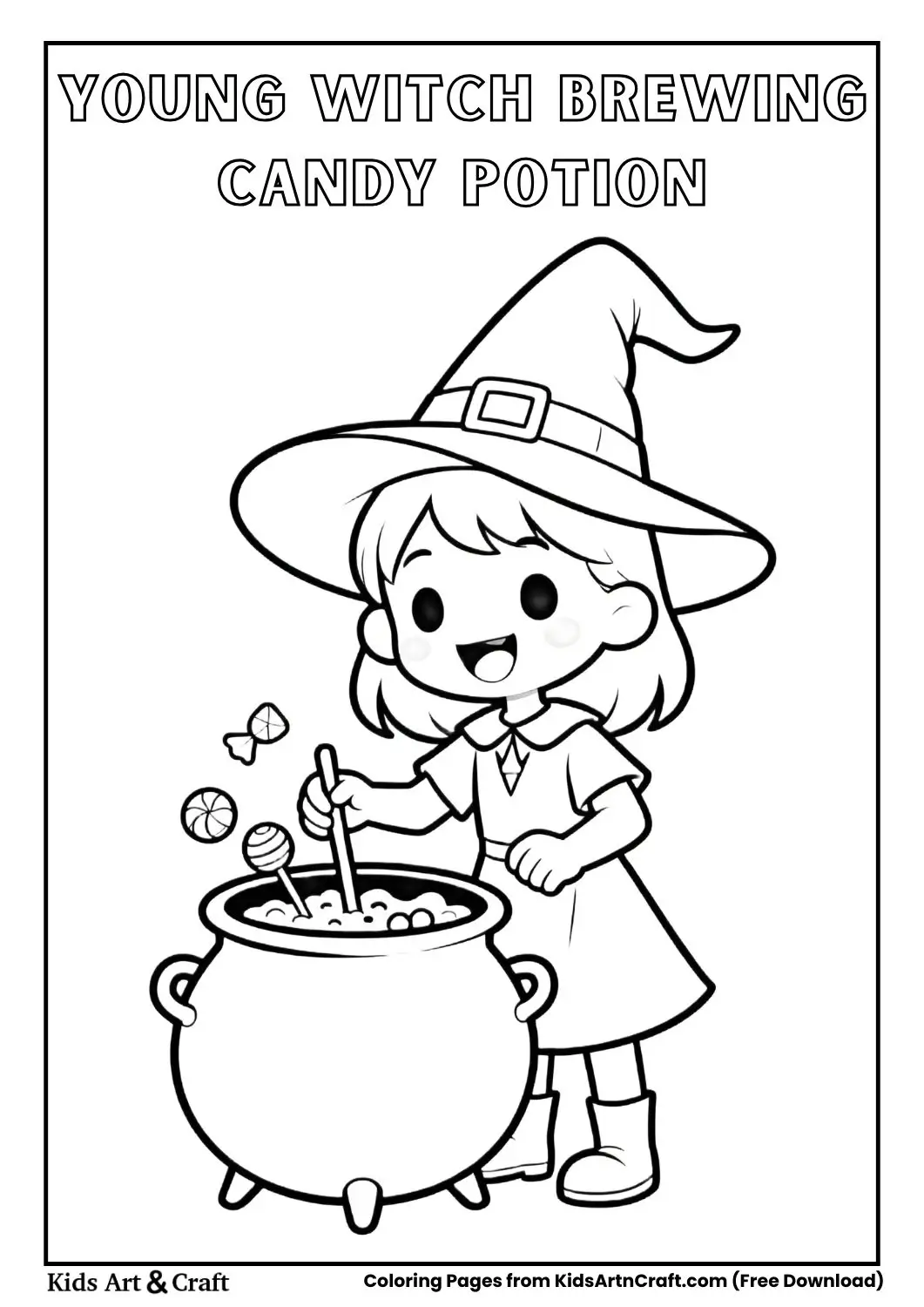 Young witch making candy potion coloring page