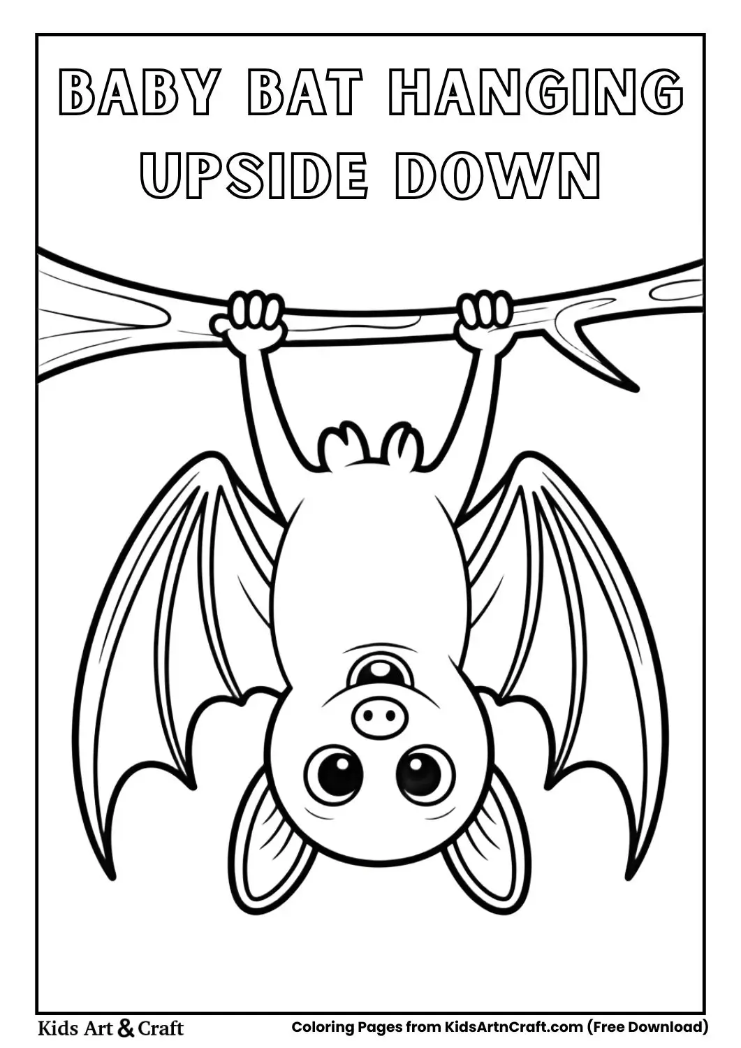 Baby bat hanging upside down from tree branch coloring page