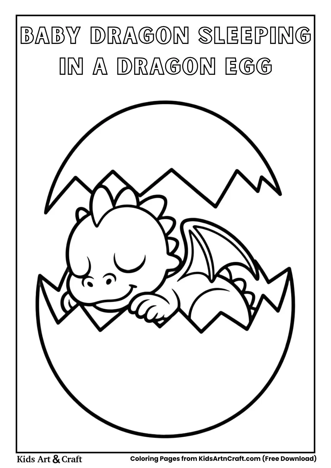 Baby dragon curled up sleeping inside a cracked dragon egg coloring page