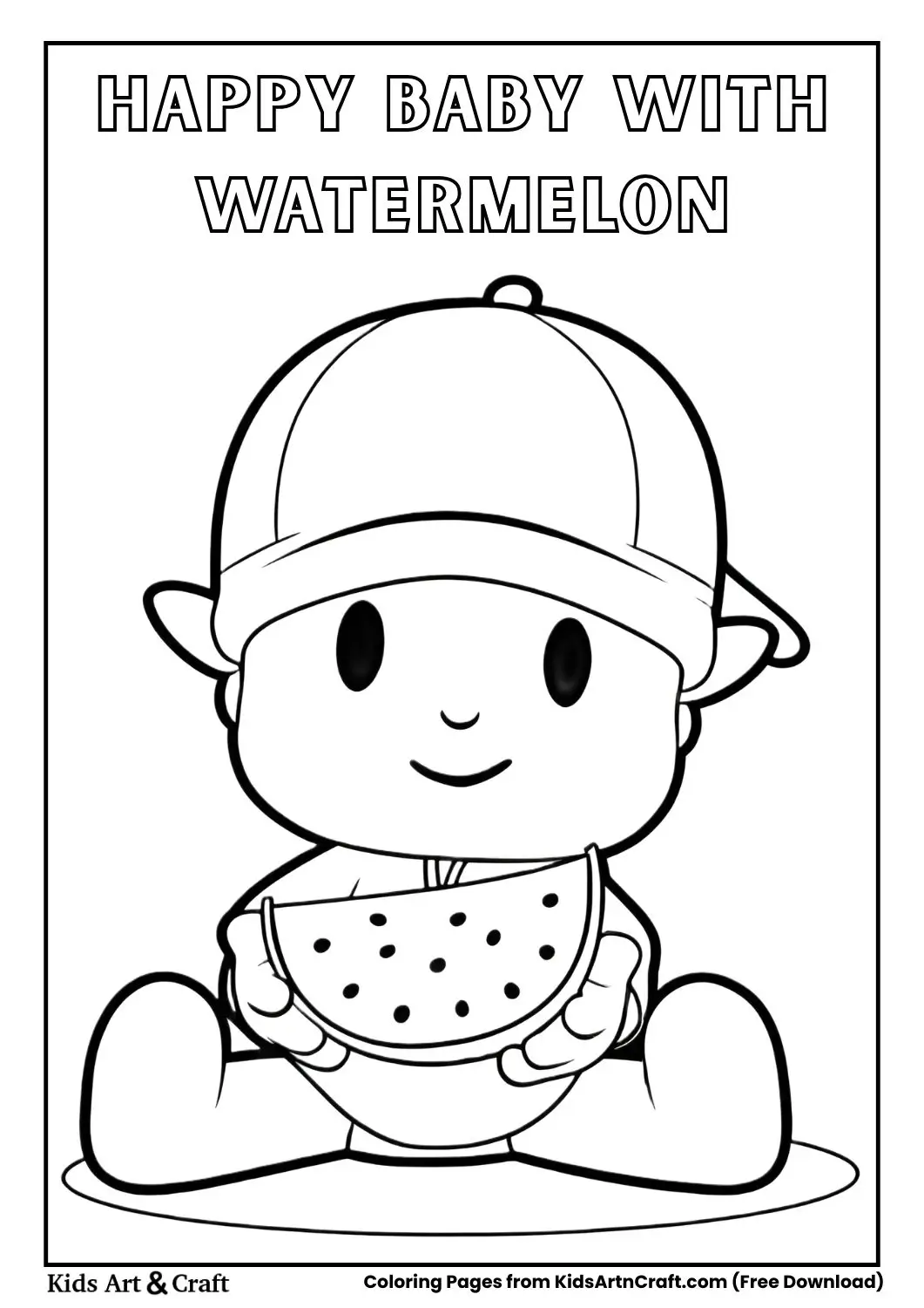 Smiling baby sitting and holding a slice of watermelon