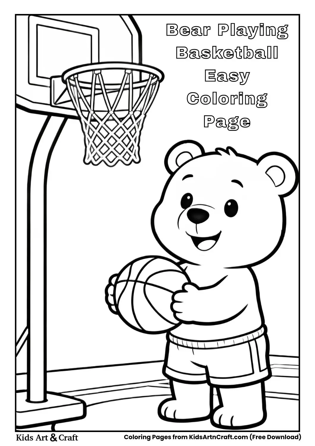 Happy bear shooting a basketball easy kids coloring page