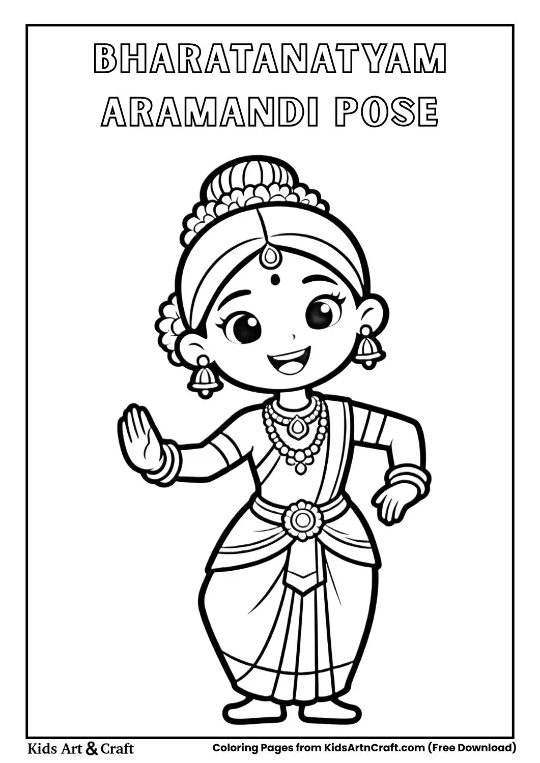 Bharatanatyam dancer in Aramandi posture coloring page for kids