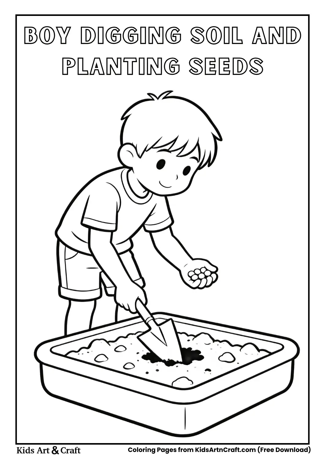 Outline drawing of a boy digging soil with a shovel and planting seeds