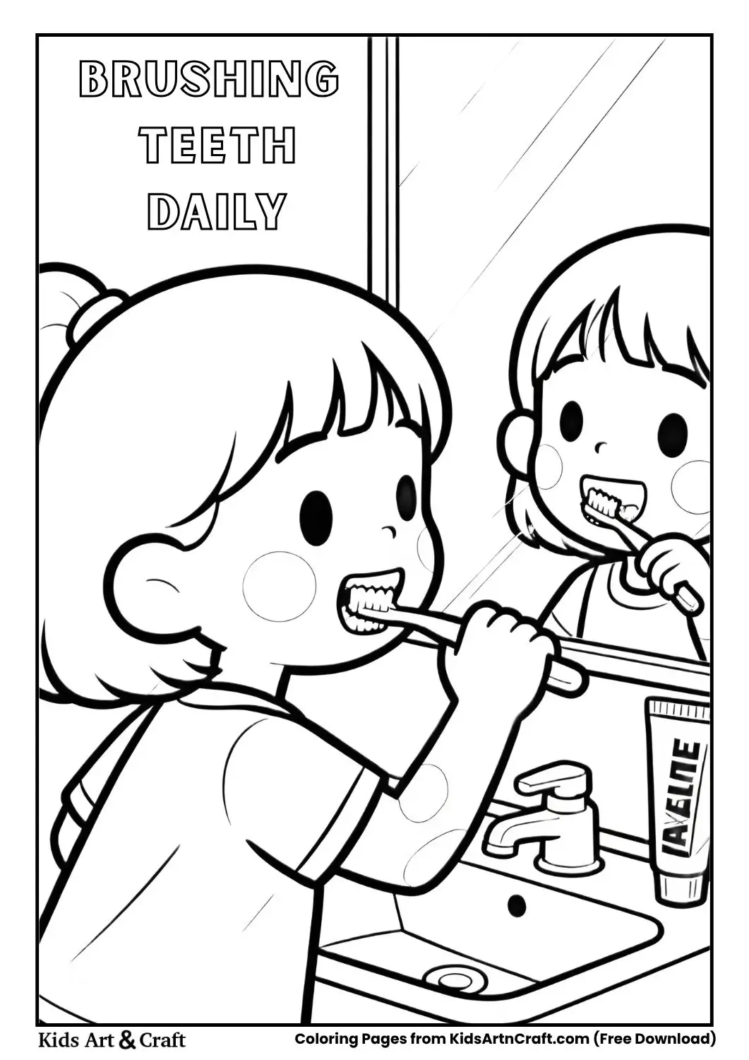 child brushing teeth simple black and white hygiene coloring page for kids
