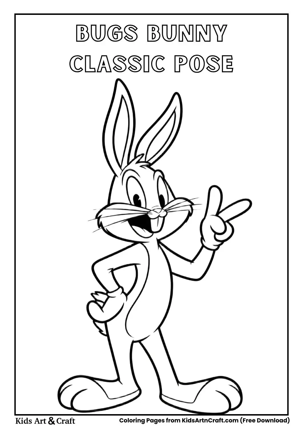 Bugs Bunny pointing forward with a mischievous grin coloring page