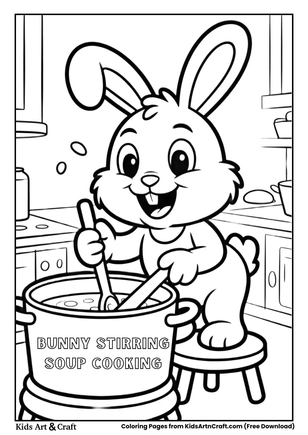 black and white coloring page of a bunny stirring soup in a pot