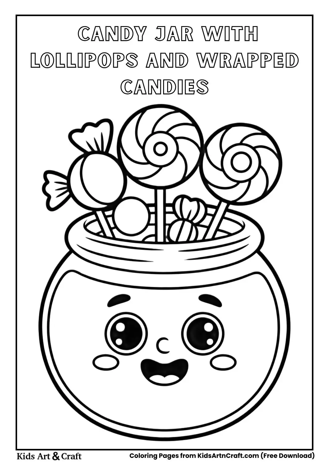 simple candy jar with lollipops and wrapped candies black and white coloring page