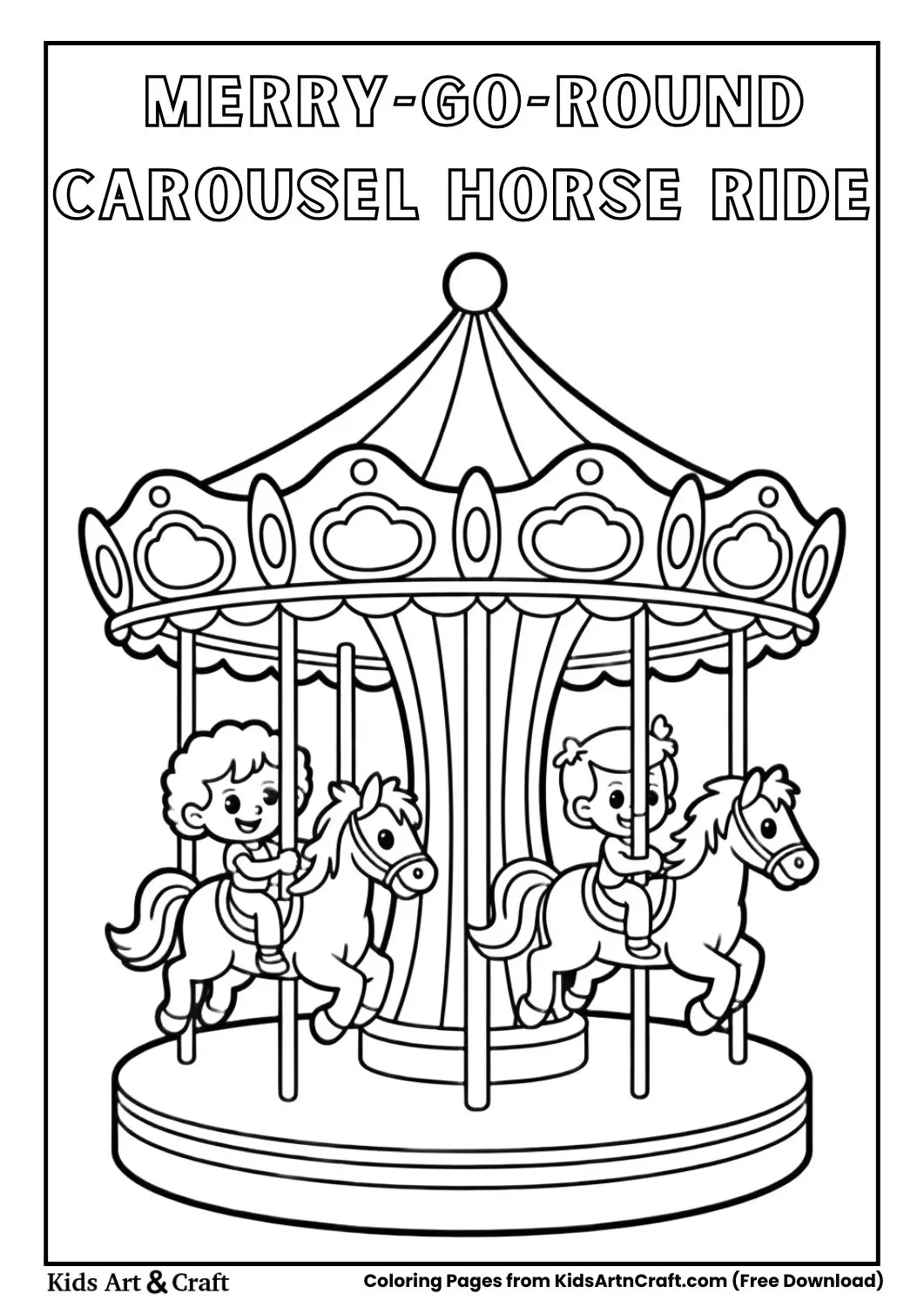 Kids riding horses on a merry go round carousel coloring page