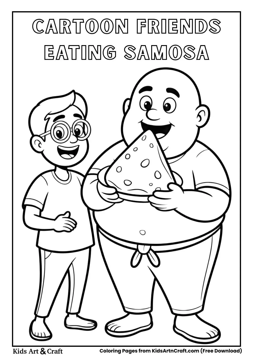 chubby cartoon man eating samosa while thin friend laughs coloring page