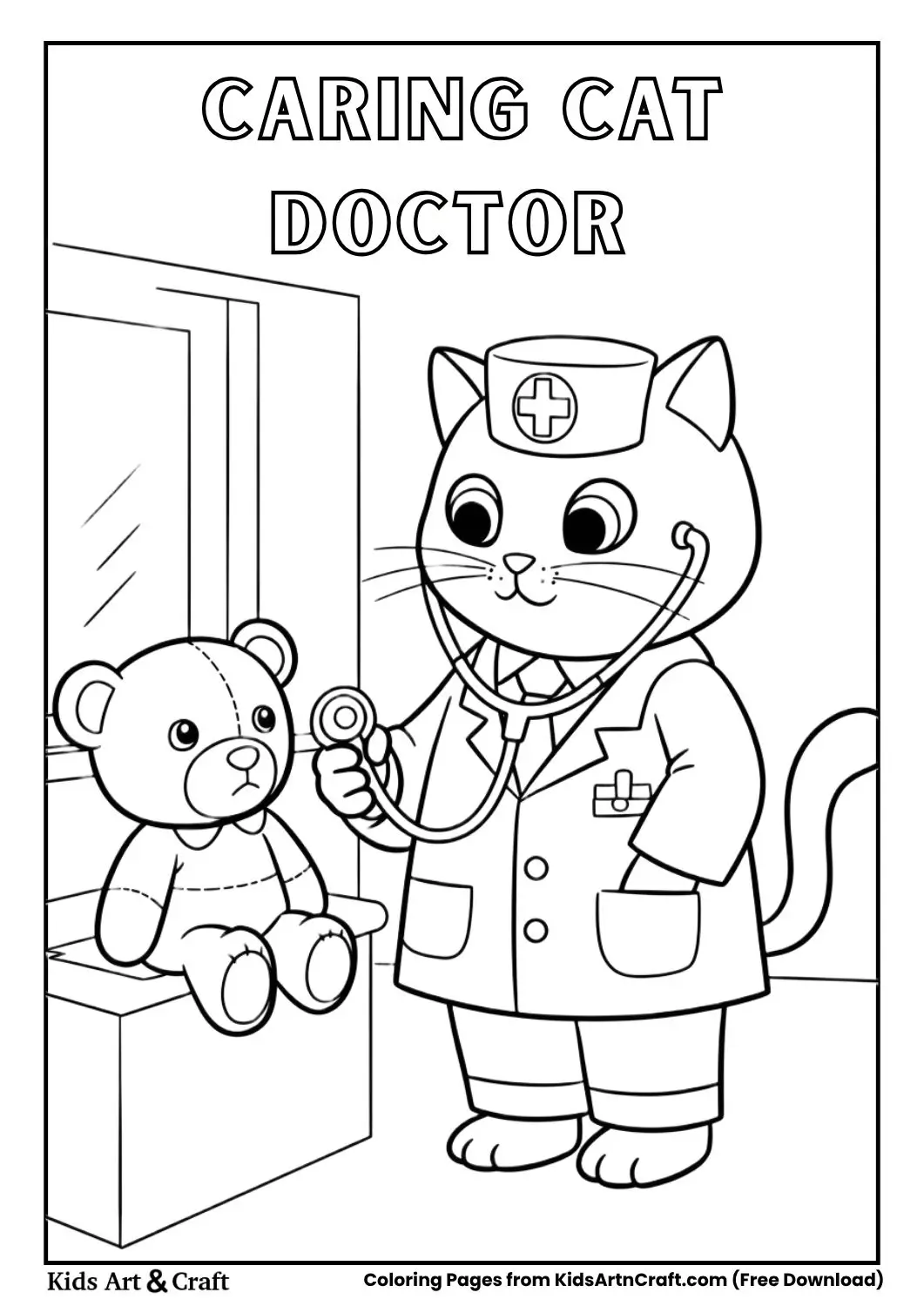 Cat doctor checking patient with stethoscope coloring page