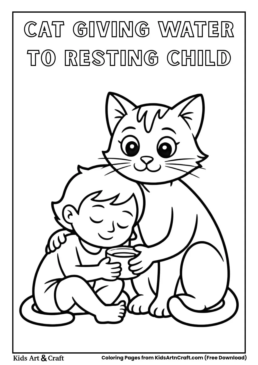 Cute cat sitting beside a resting child holding a cup of water black and white coloring page