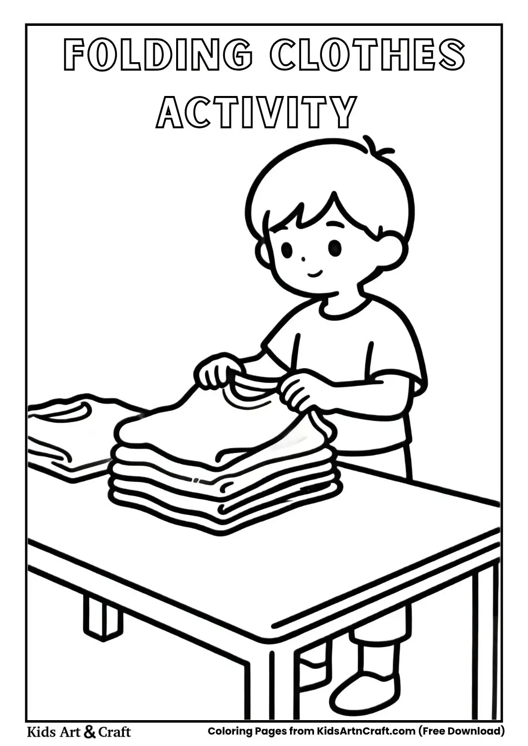 Child folding neatly stacked clothes on a table coloring page