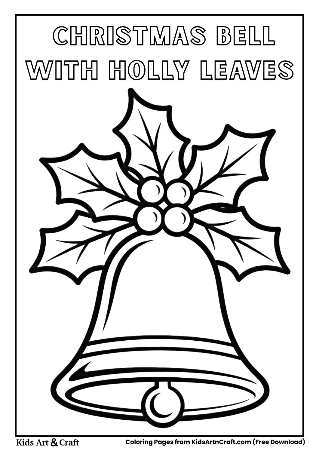 christmas bell with holly leaves and berries black and white coloring page
