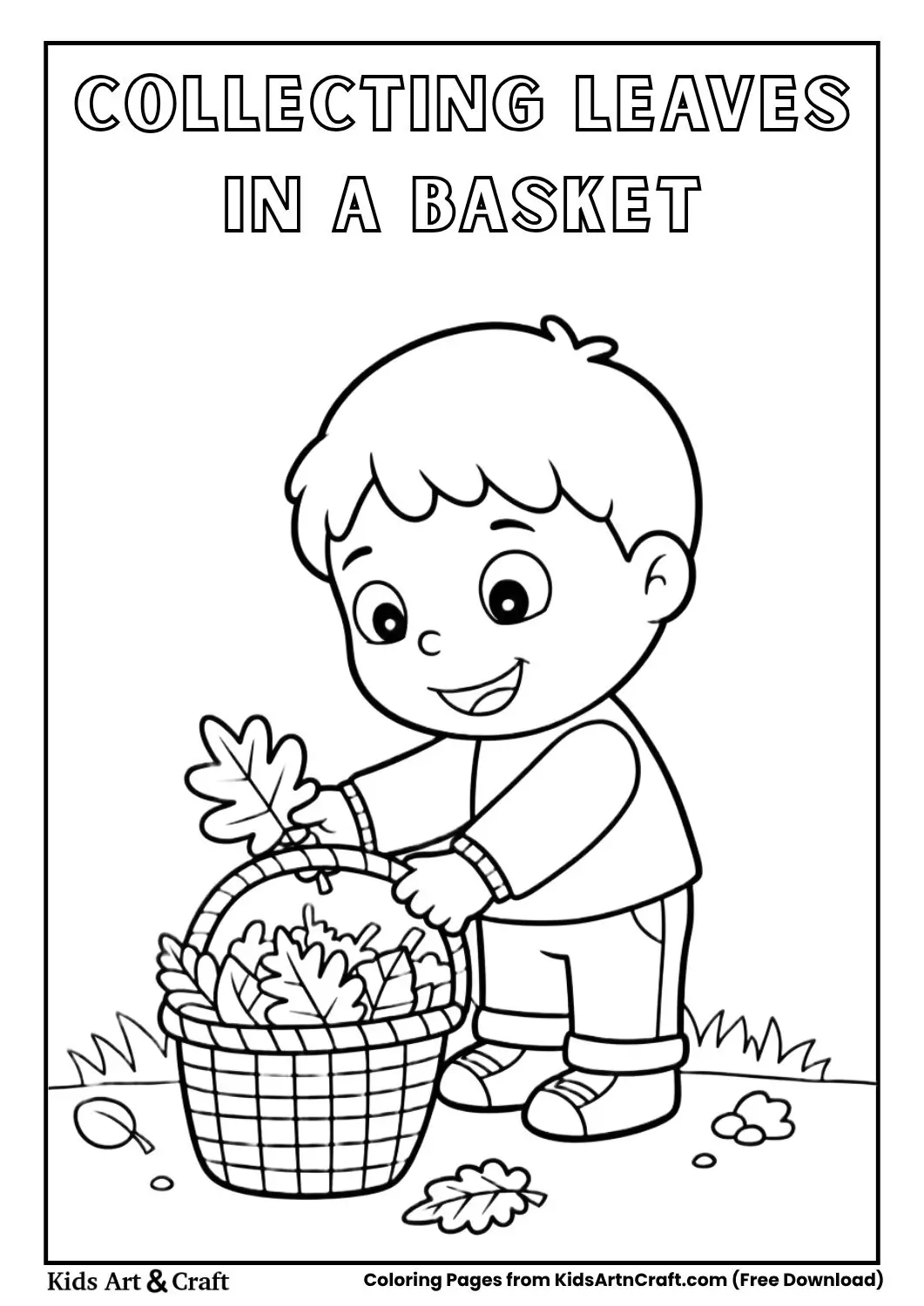 Child collecting different leaves in a basket coloring page