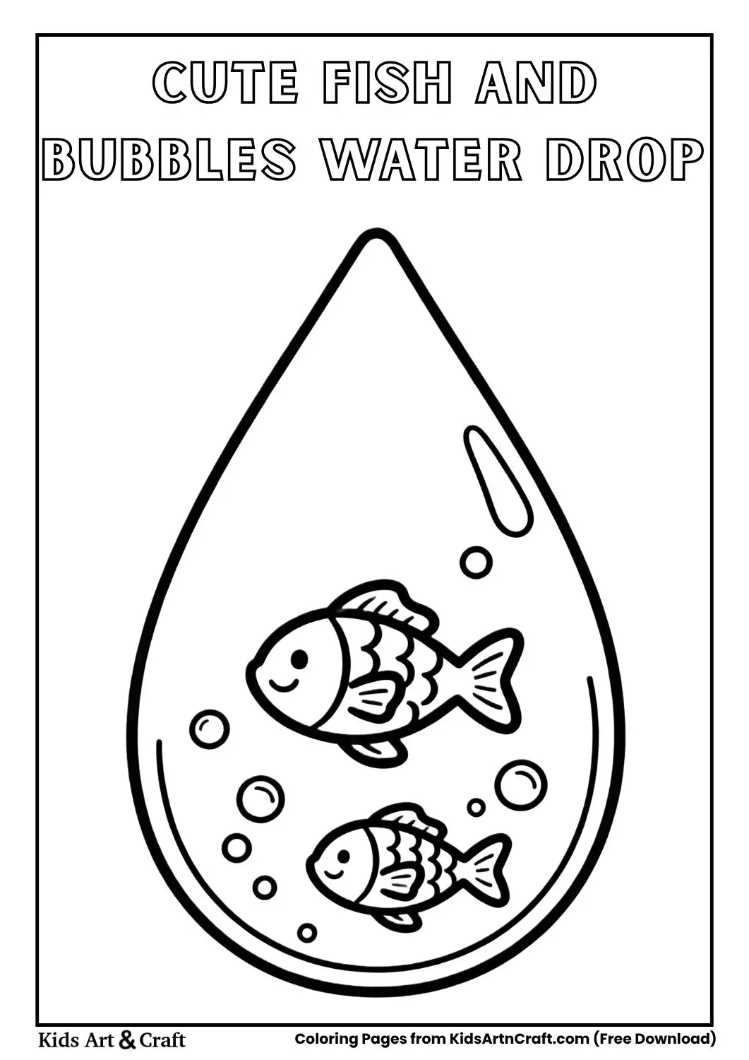 Cute tiny fish and bubbles inside a water droplet easy coloring page