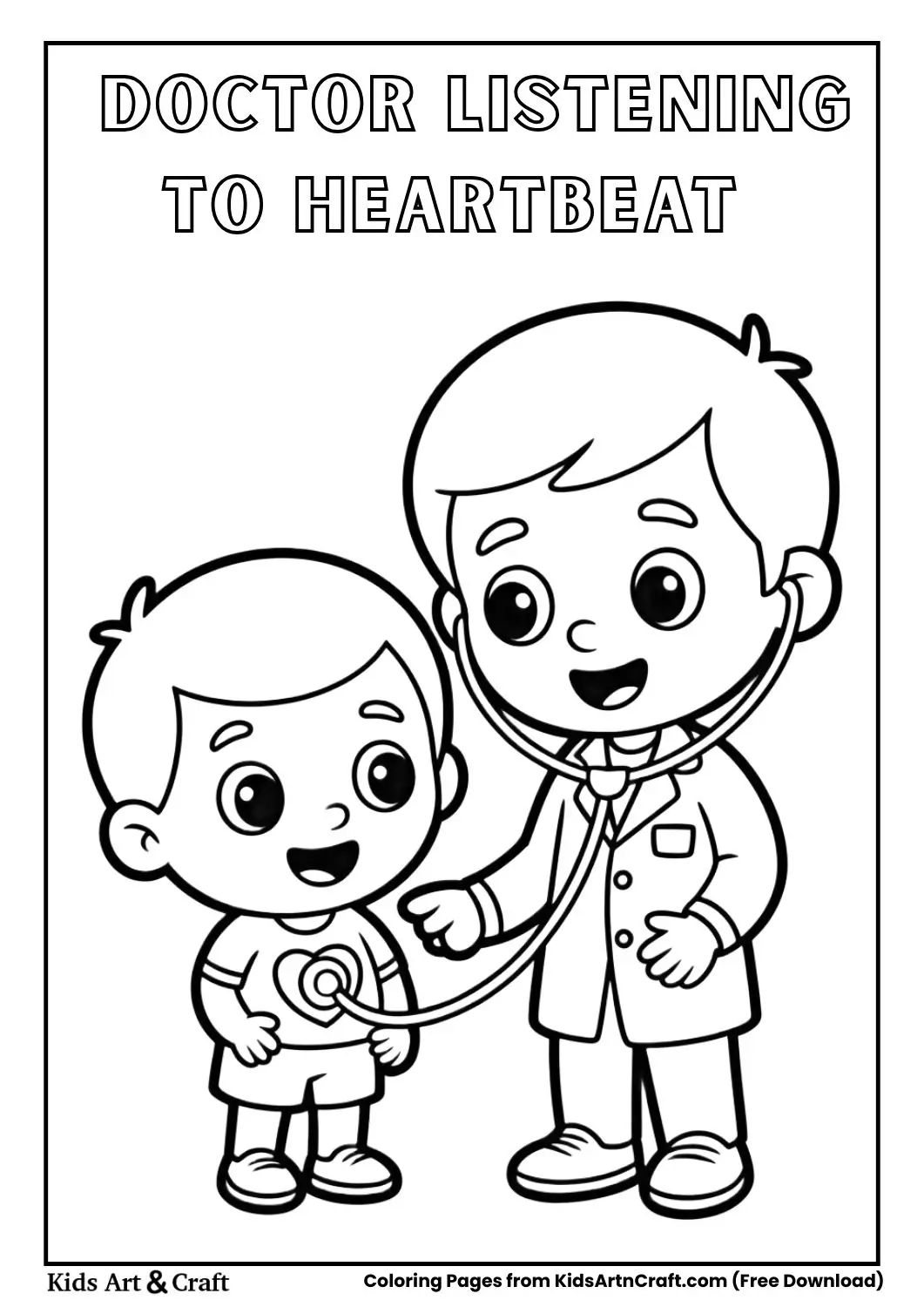 cartoon doctor checking child's heartbeat with stethoscope coloring page