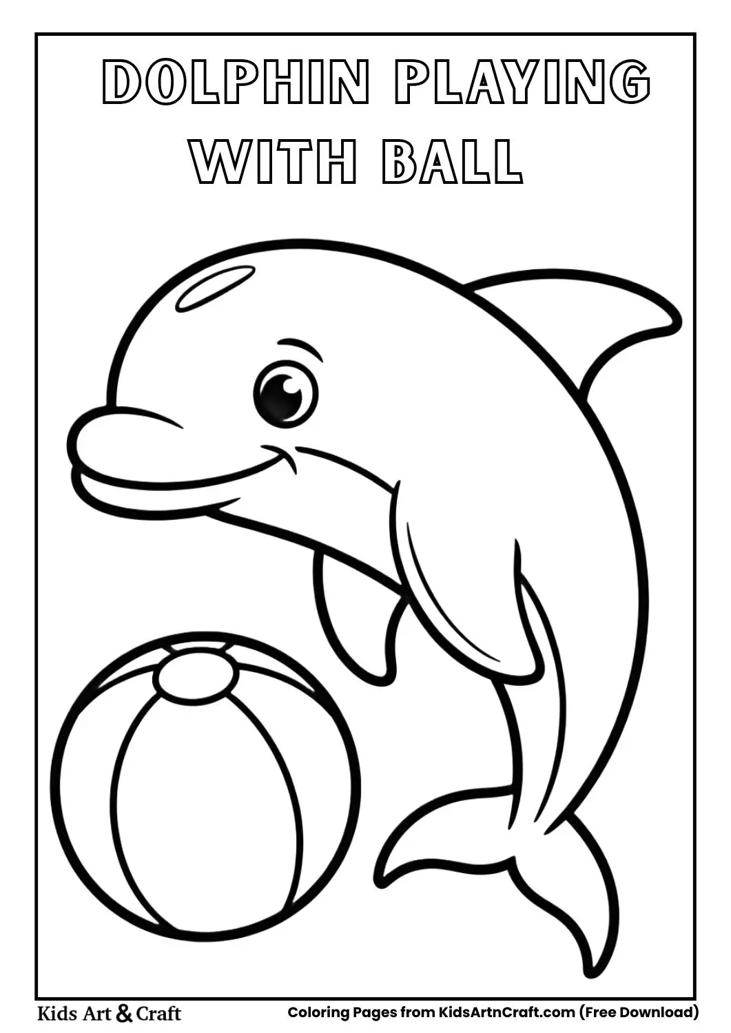Dolphin playing with a beach ball black and white coloring page