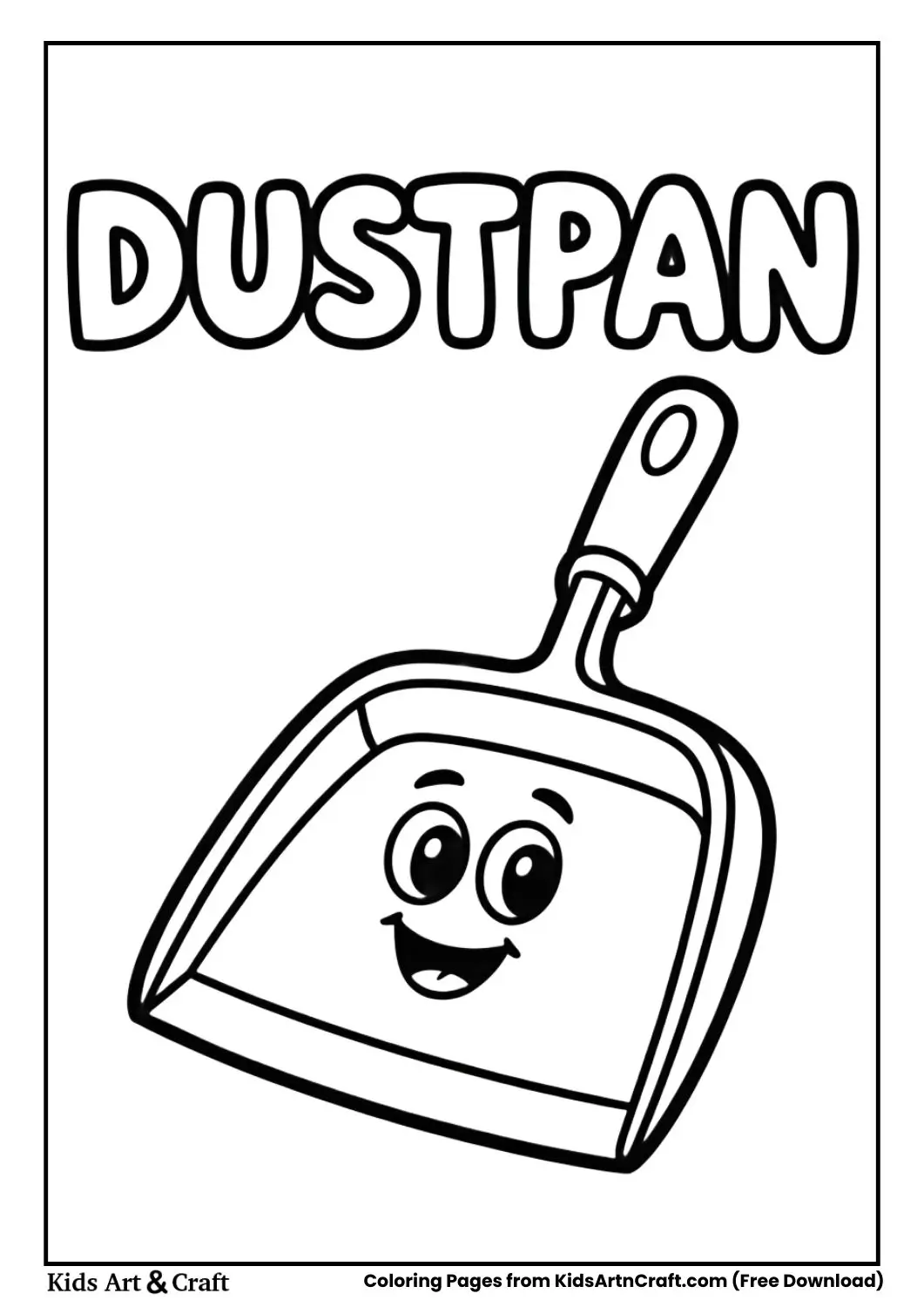 Cartoon dustpan coloring page with label dustpan for children