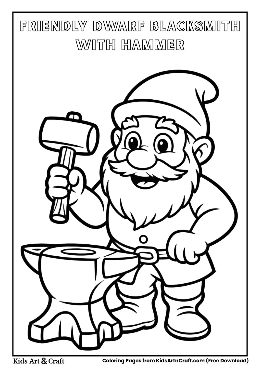 Cartoon dwarf blacksmith with hammer standing next to an anvil simple line art coloring page