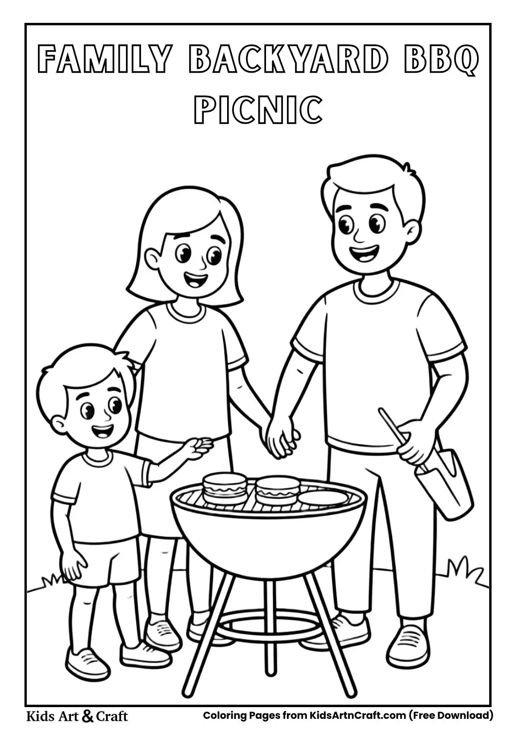 happy family having backyard bbq picnic simple kids coloring page