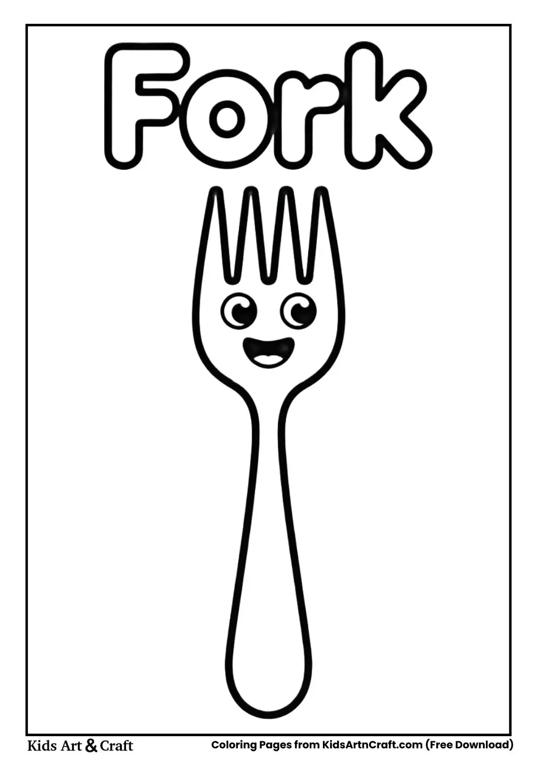 Cartoon fork black and white coloring page with the word FORK on top