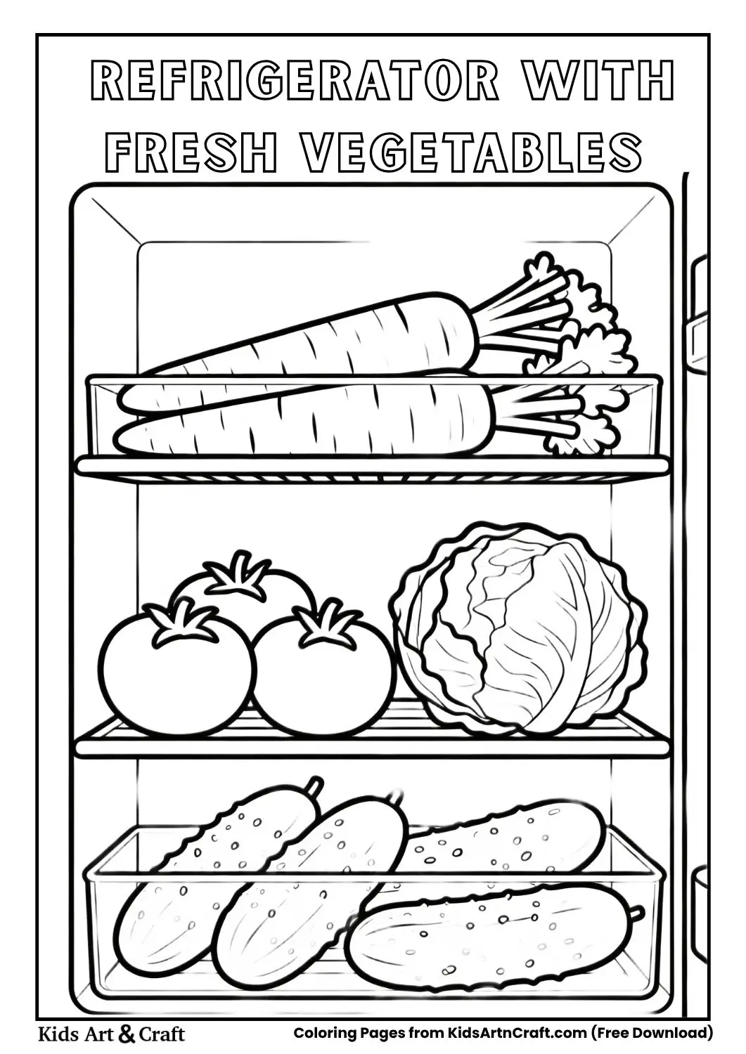 open refrigerator with vegetables like carrot tomato cabbage black and white coloring page