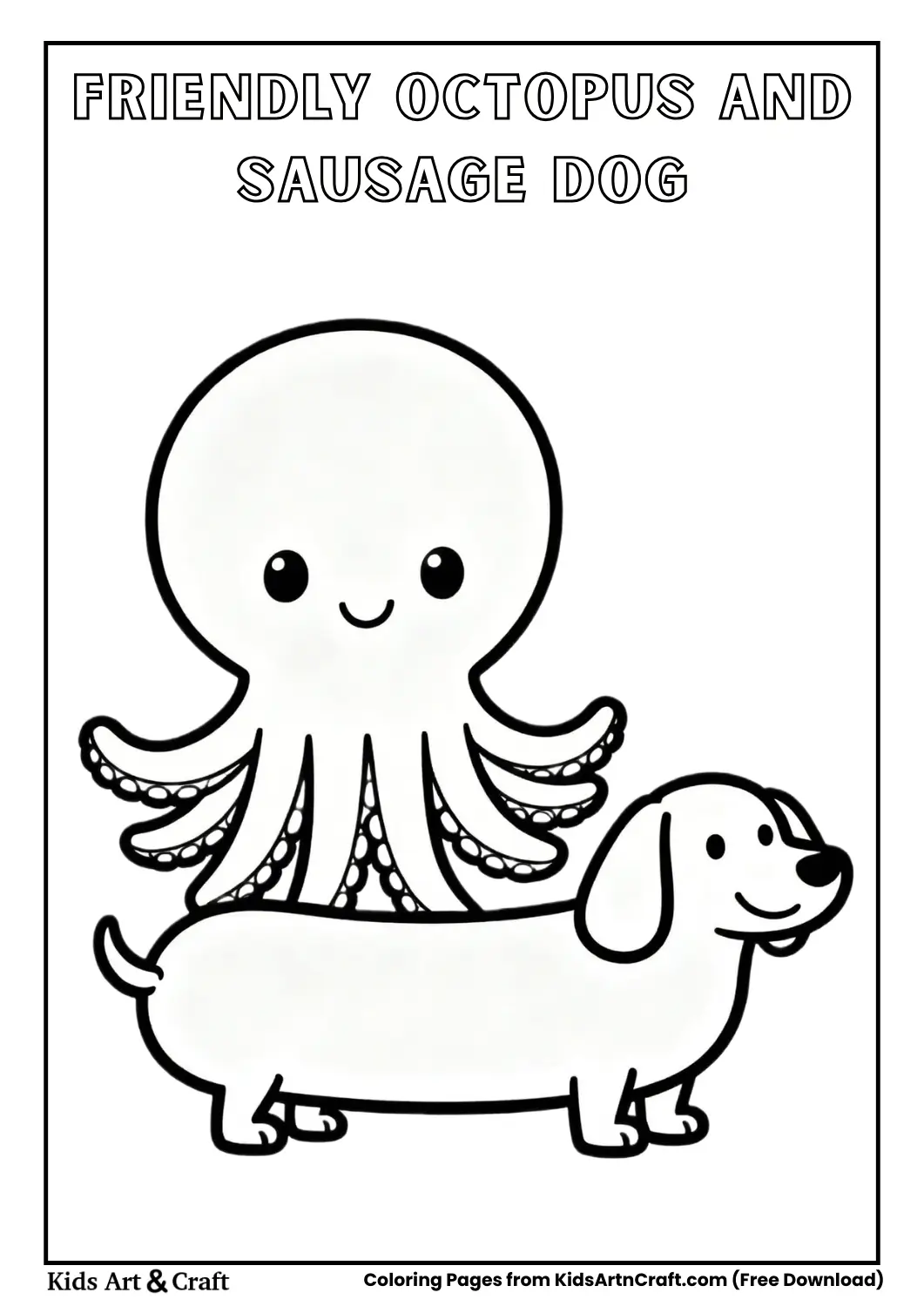 Friendly octopus standing with smiling sausage dog coloring page