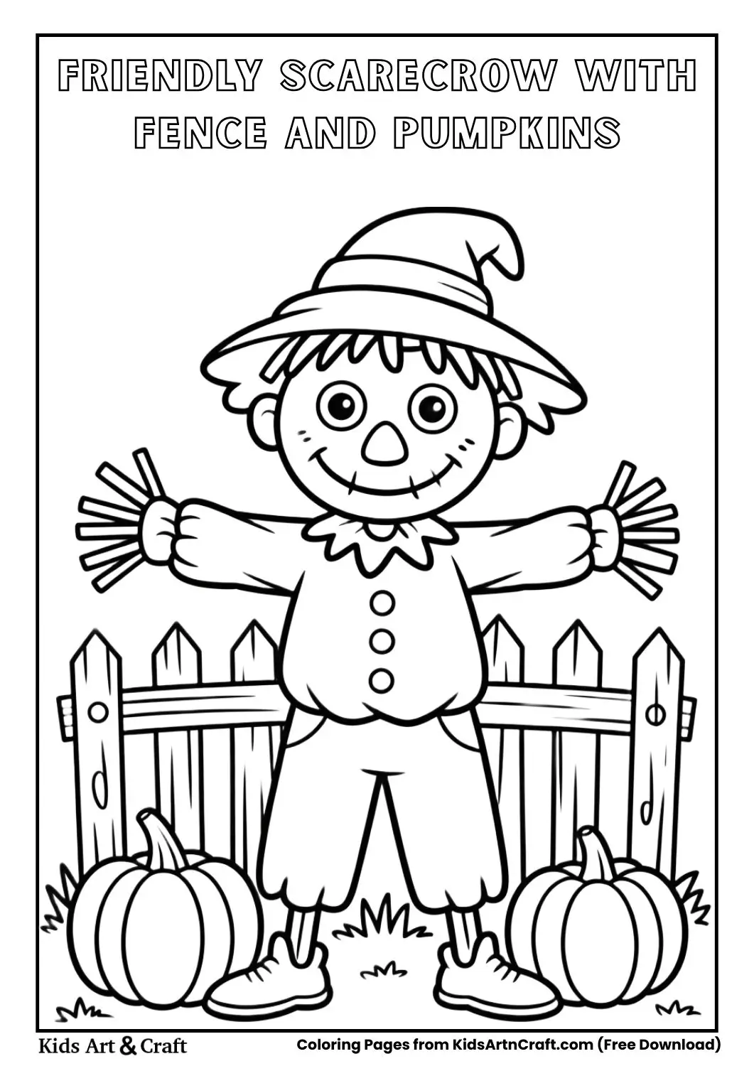 Friendly scarecrow standing near a fence with pumpkins simple Halloween coloring page