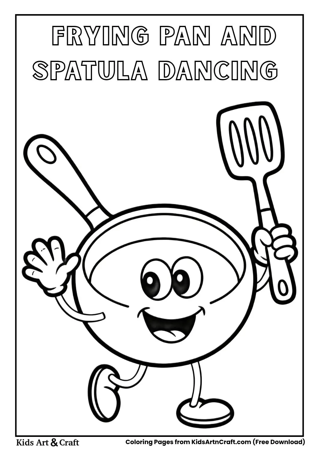 Cute frying pan and spatula dancing together simple black and white coloring page for kids