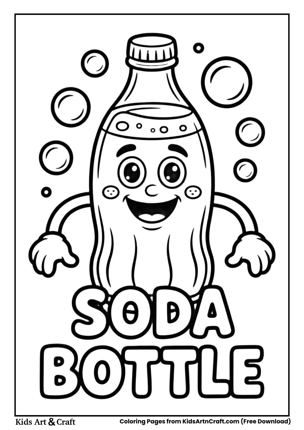 Funny soda bottle cartoon face black and white coloring page