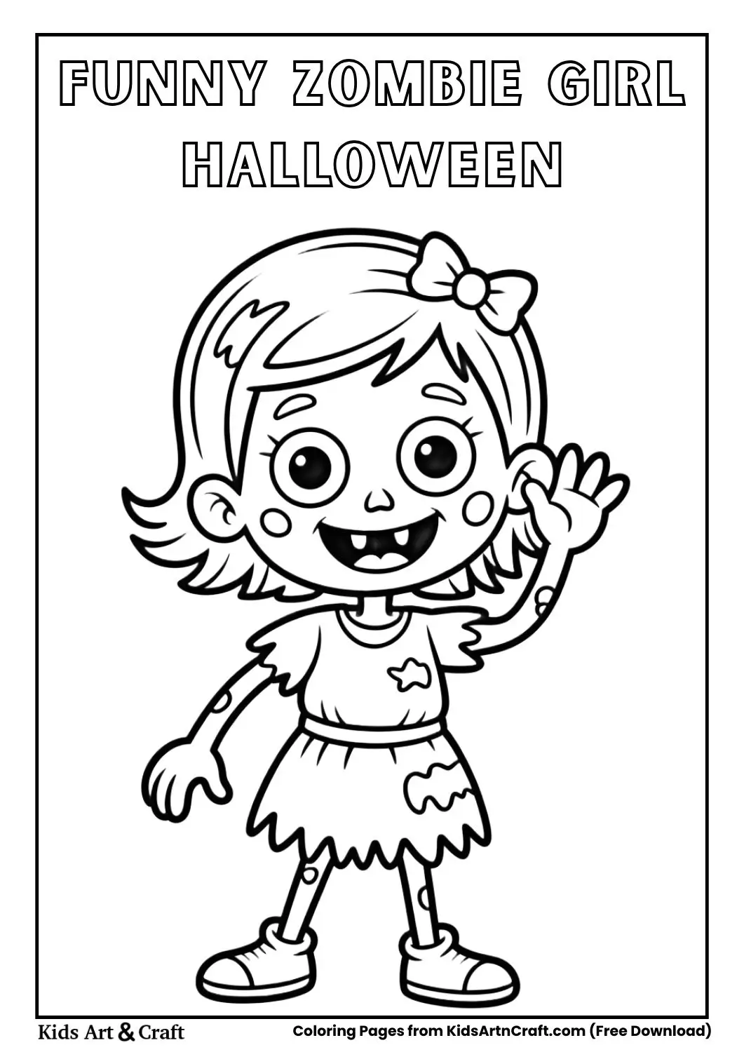 Funny zombie girl wearing a torn dress and bow Halloween coloring page for kids